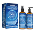 Magnesium Oil body care set with a blue printed box, amber spray bottle and lotion pump marked with Mg symbols.