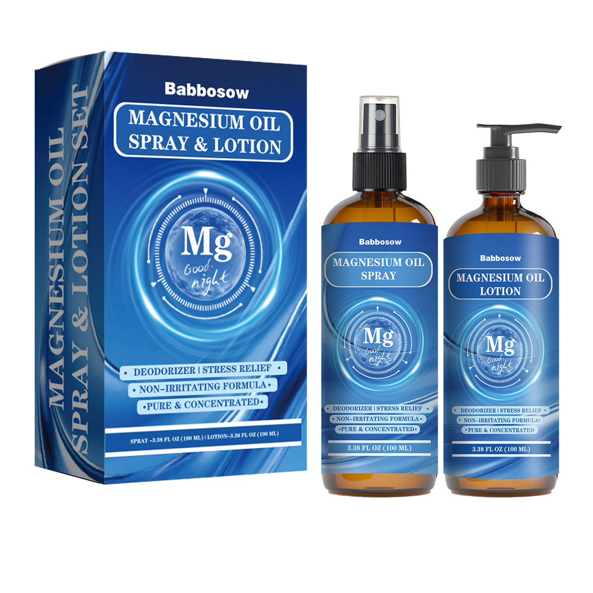 Magnesium Oil body care set with a blue printed box, amber spray bottle and lotion pump marked with Mg symbols.