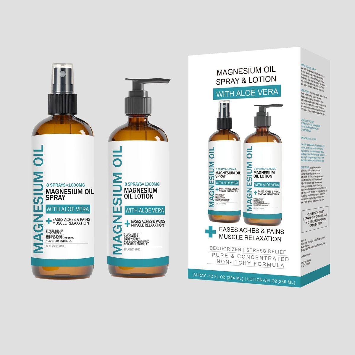 Magnesium Oil body care kit with amber spray and pump lotion bottles, white labels, teal accents and aloe vera packaging