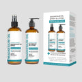 Magnesium Oil spray and lotion kit in amber bottles with white labels, teal accents, and aloe vera branding beside a box.