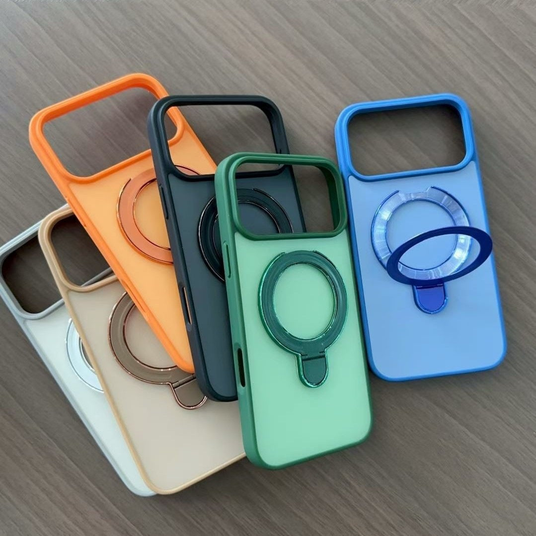 Magnetic iPhone Case in black, beige, blue, green, and orange with smooth two-tone shells and round ring stands.