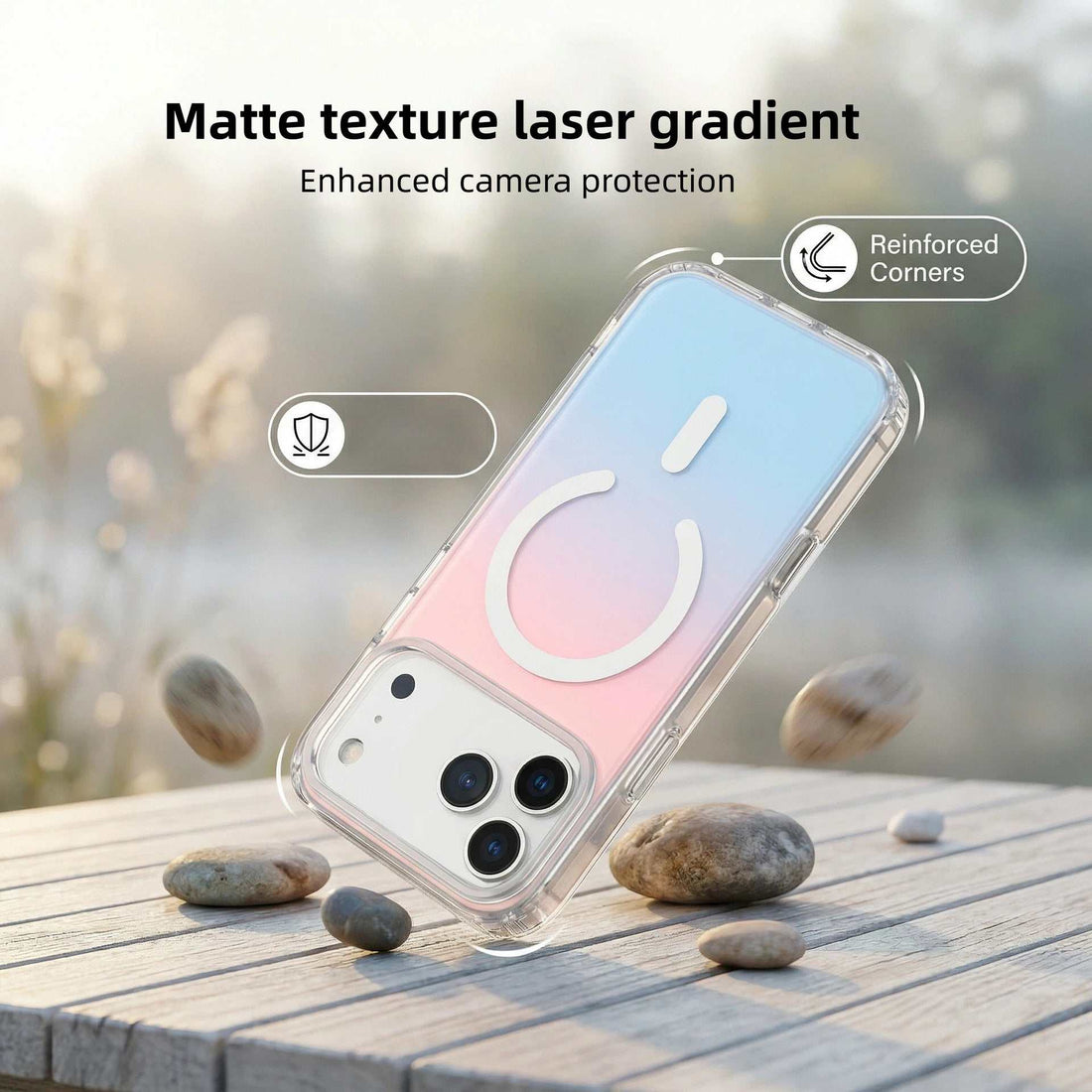 Magnetic phone case with a soft pink-to-blue gradient back, clear TPU and PC edges, and a built-in white magnetic ring.