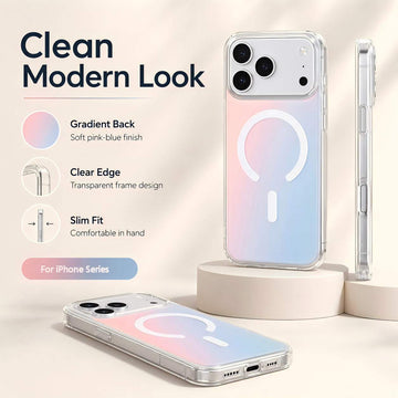 Magnetic phone case with a soft pink-to-blue gradient back, clear TPU and PC edges, and a built-in white magnetic ring.