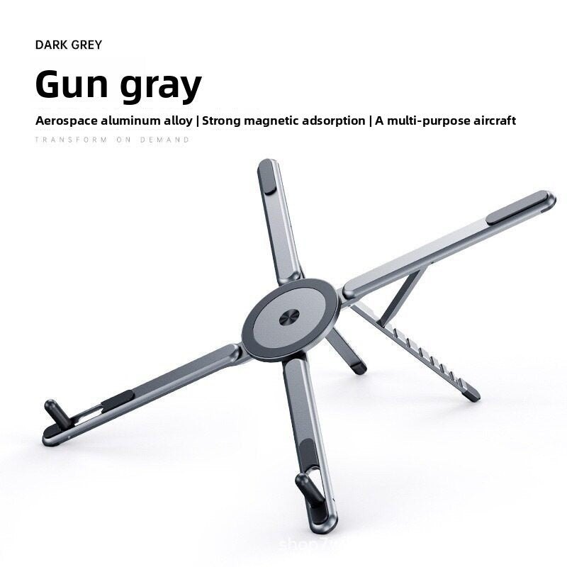 Magnetic Phone Holder Stand in gun gray aluminum with a round magnetic pad, folding arms and adjustable notched support