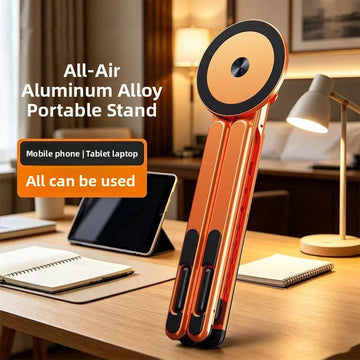 Magnetic Phone Holder Stand in orange aluminum alloy, with a round black magnetic pad and slim foldable support rails.