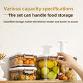 Manual Vacuum Food rectangular clear storage boxes with brown clips hold citrus, vegetables and other produce beside a white hand pump