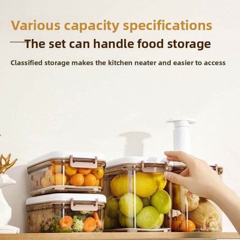 Manual Vacuum Food rectangular clear storage boxes with brown clips hold citrus, vegetables and other produce beside a white hand pump