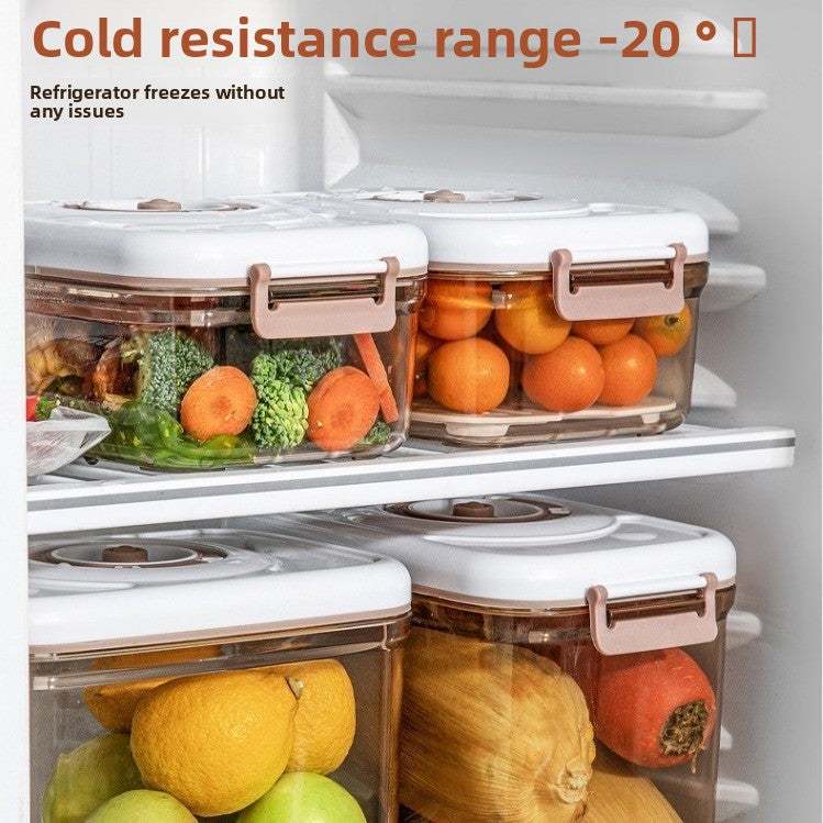 Manual Vacuum Food storage containers with clear rectangular bodies, white lids and rose-gold clips holding fresh produce
