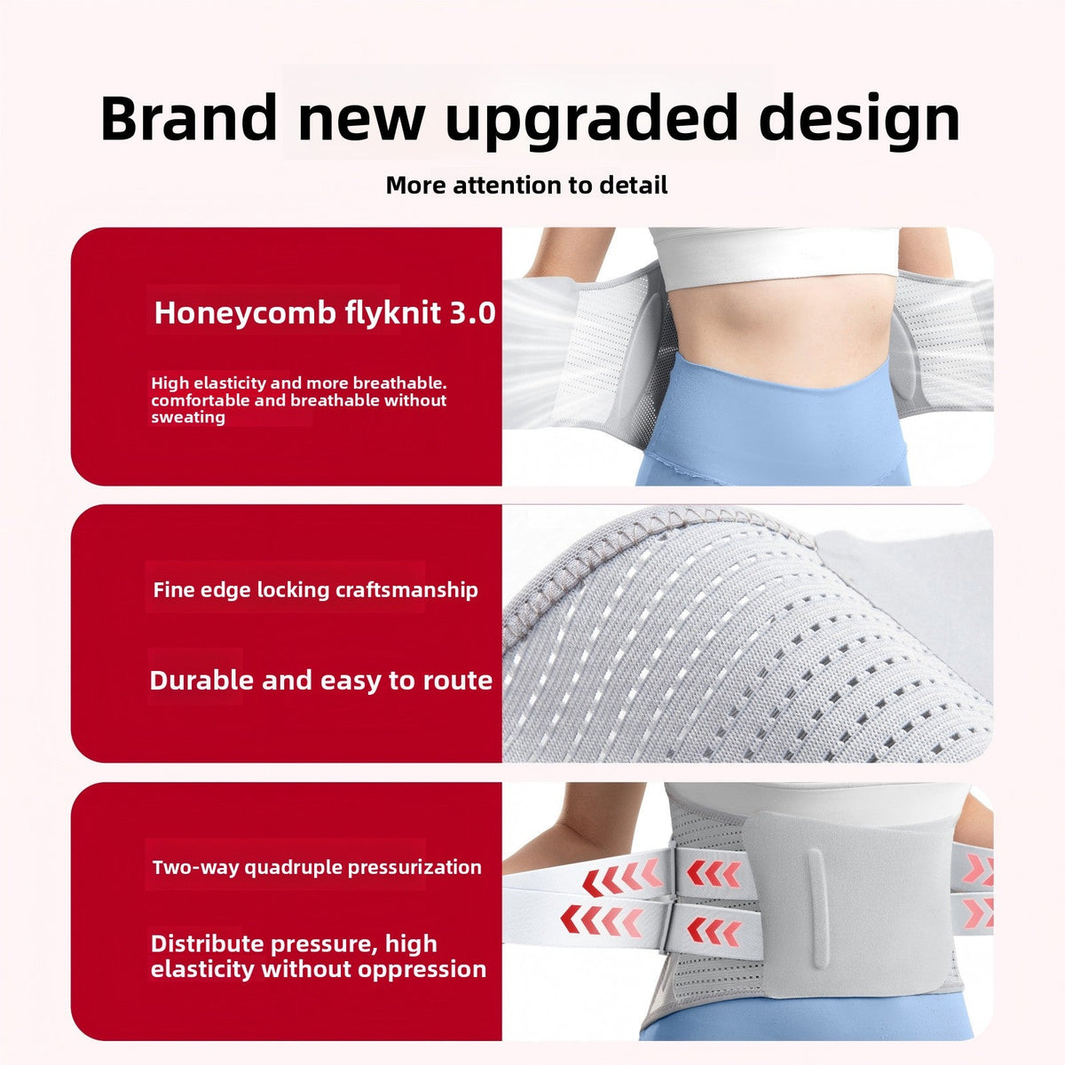 Medical Waist Support Belt in gray breathable mesh with honeycomb knit, reinforced edges and adjustable compression straps