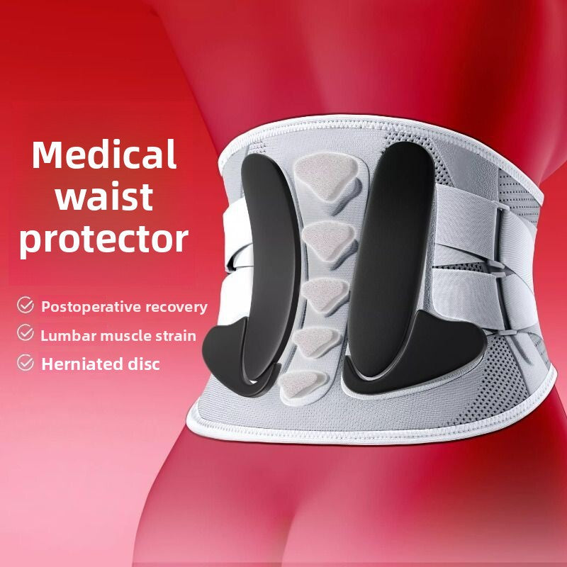 Medical Waist Support Belt in light gray breathable mesh with black curved lumbar supports and adjustable straps