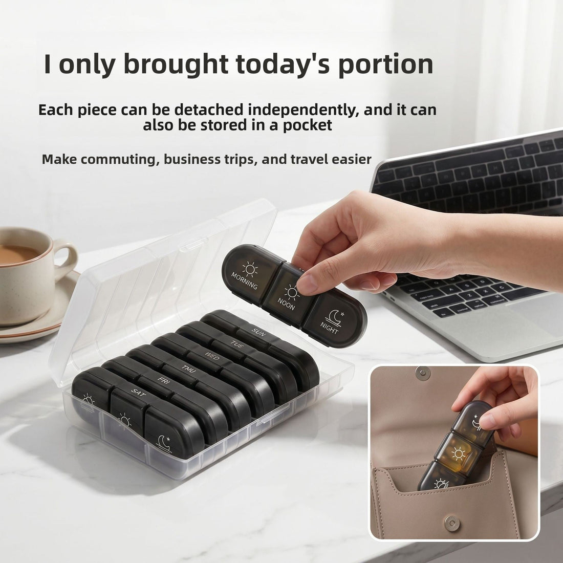 Medicine Box 21-piece plastic pill organizer with rainbow-colored weekly compartments, clear hinged case, and black storage box