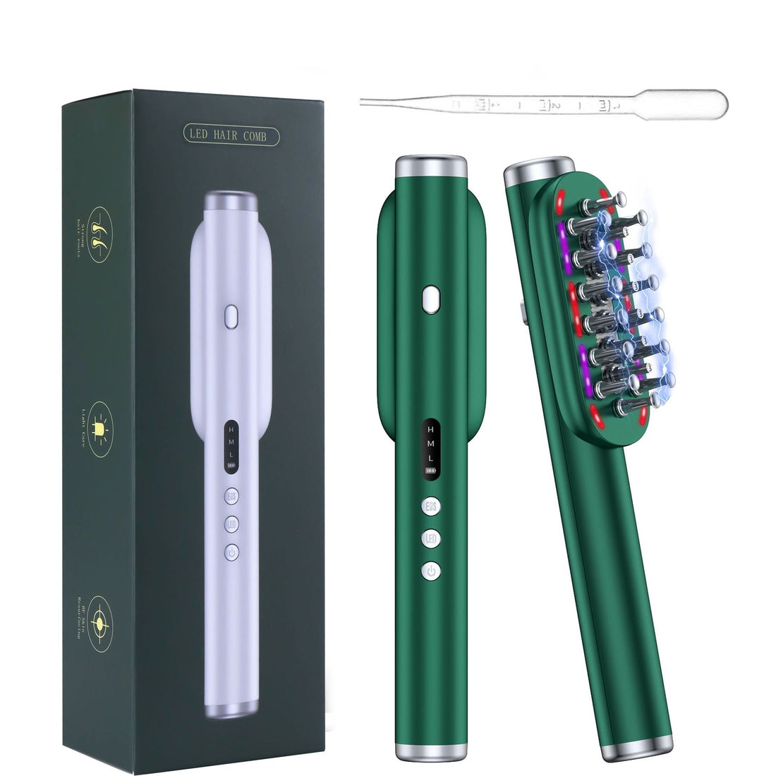 Medicine Comb Scalp electric applicator with a metallic green plastic body, silver ends, buttons and raised comb teeth.