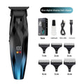 Men's Electric Hair Clipper Set with a black and blue geometric-patterned clipper, digital display, guards, cable and accessories
