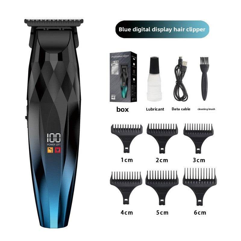 Men's Electric Hair Clipper Set with a black and blue geometric-patterned clipper, digital display, guards, cable and accessories