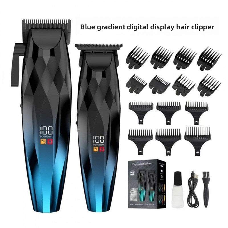 Men's Electric Hair Clipper Set with black and blue gradient clippers, digital displays, comb guards, and accessories