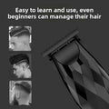 Men's Electric Hair Clipper Set with a black geometric-patterned body and wide T-blade, shown with three haircut examples.