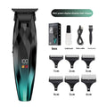 Men's Electric Hair Clipper Set with a black and mint green geometric clipper, digital display, guards and accessories