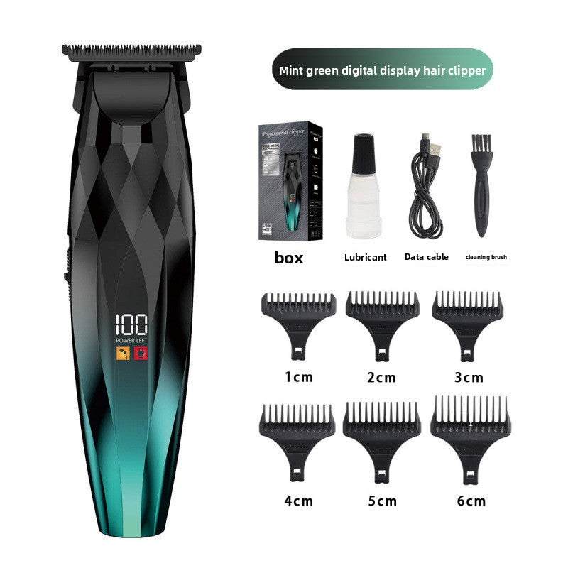 Men's Electric Hair Clipper Set with a black and mint green geometric clipper, digital display, guards and accessories