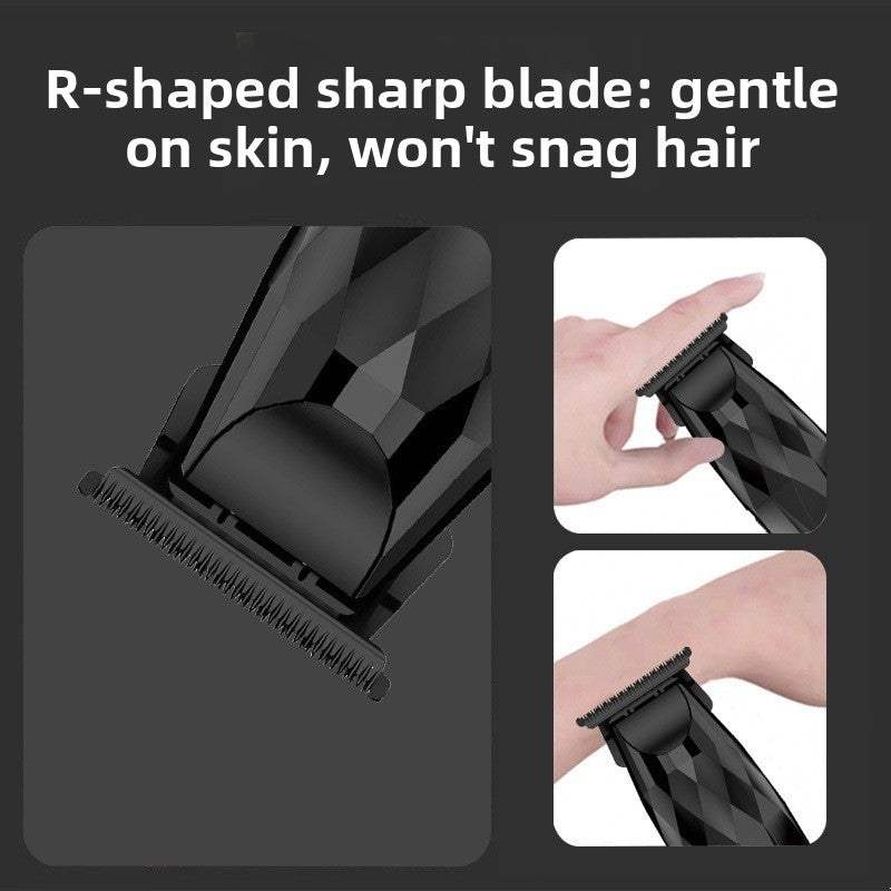 Men's Electric Hair Clipper Set with a black faceted body and fine R-shaped blade designed for gentle, snag-free trimming