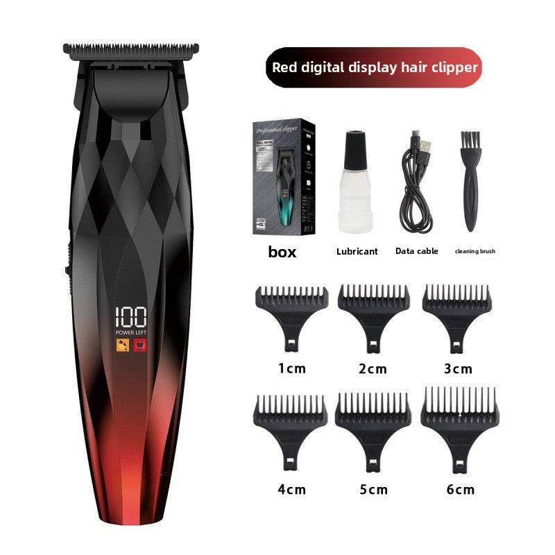 Men's Electric Hair Clipper Set with a black geometric-patterned body, red lower finish, digital display and six guide combs