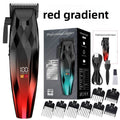 Men's Electric Hair Clipper Set with a faceted black-to-red gradient body, digital display, charging cable and comb guards