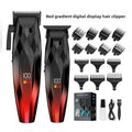 Men's Electric Hair Clipper Set with two black and red gradient clippers, digital displays, guide combs and accessories