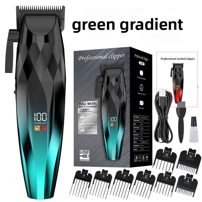 Men's Electric Hair Clipper Set with a black faceted body fading to teal, digital display, comb guards and accessories