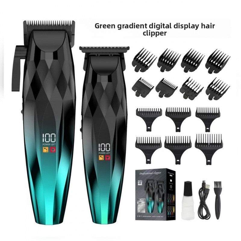 Men's Electric Hair Clipper Set with two black and teal gradient clippers, digital displays, comb guards and accessories