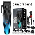Men's Electric Hair Clipper Set with a black and blue gradient faceted body, digital display, charging cable and comb attachments