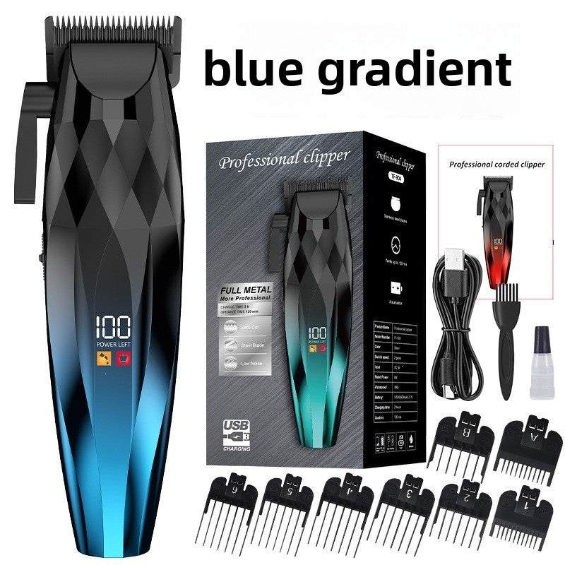 Men's Electric Hair Clipper Set with a black and blue gradient faceted body, digital display, charging cable and comb attachments