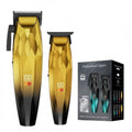 Men's Electric Hair Clipper Set with two gold and black diamond-patterned clippers and a matching retail box