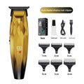Men's Electric Hair Clipper Set with a gold and black diamond-patterned clipper, digital display, and black guide combs