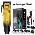 Men's Electric Hair Clipper Set with a faceted yellow gradient clipper, dark display, charging cord, guards and accessories