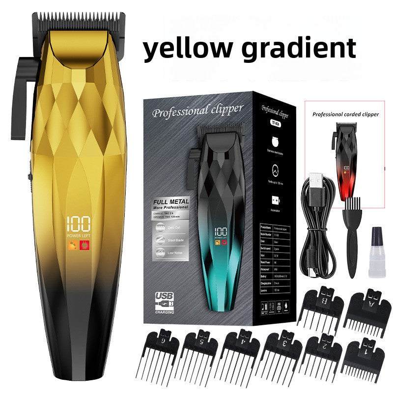 Men's Electric Hair Clipper Set with a faceted yellow gradient clipper, dark display, charging cord, guards and accessories