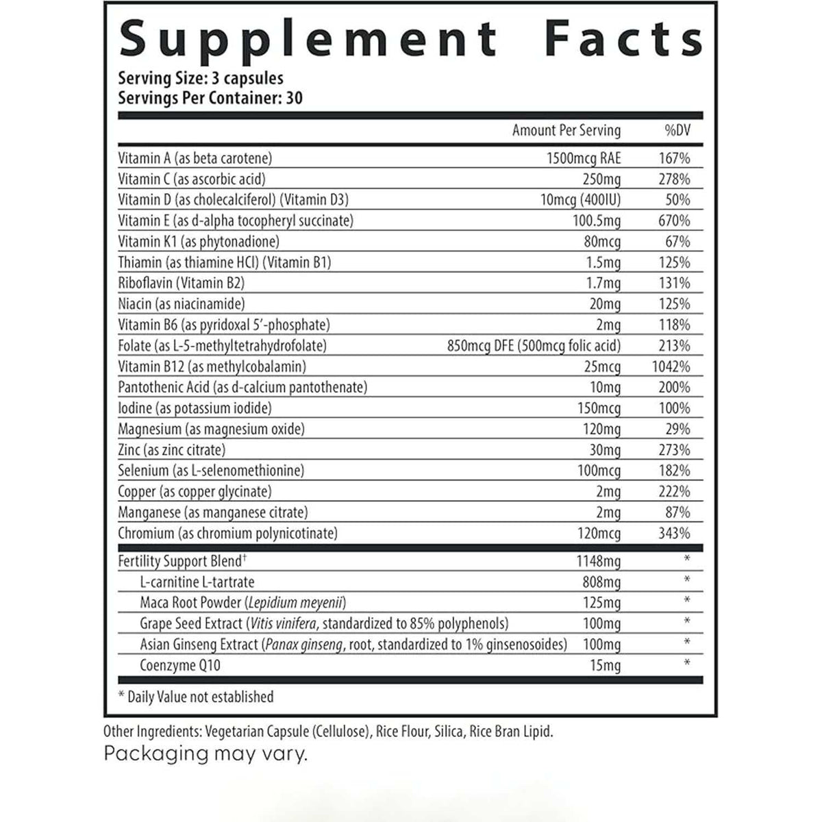 Men's Fertility Supplement facts label listing vitamins, minerals, and fertility support blend in a vegetarian capsule.