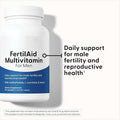 Men's Fertility Supplement bottle with a white and blue label, ribbed white cap and male fertility multivitamin text