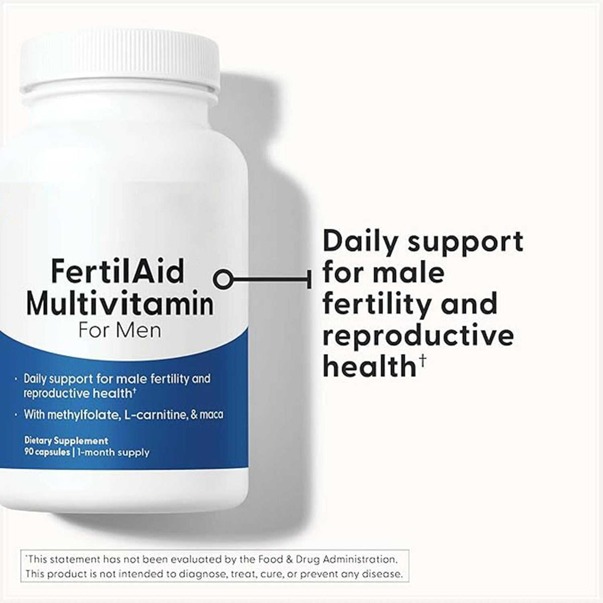 Men's Fertility Supplement bottle with a white and blue label, ribbed white cap and male fertility multivitamin text