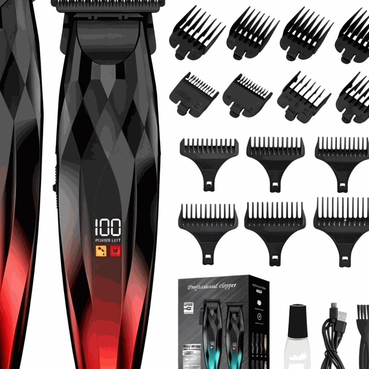 Men's Electric Hair Clipper Set with a black faceted rechargeable clipper, red accents, digital display and multiple comb guards