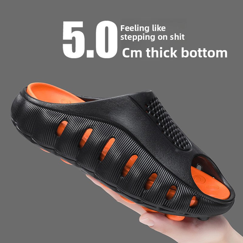 Mens Summer Outdoor Clogs in black EVA with bright orange accents, perforated closed toe and thick ridged sole.