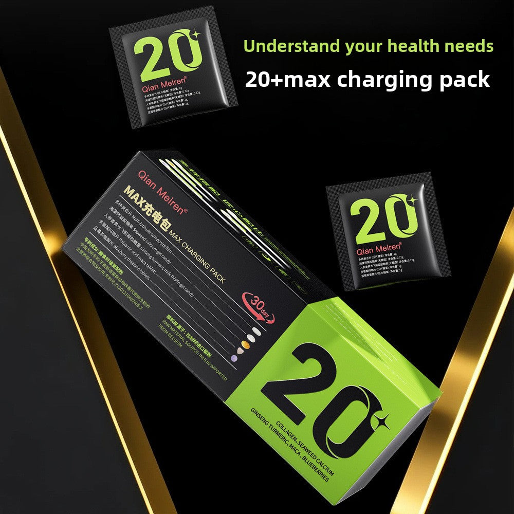 Mens Vitamin Chewable Tablets in a black and lime green rectangular box, featuring a bold “20” graphic and printed text.