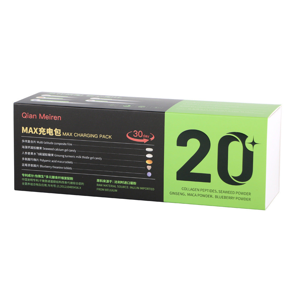 Mens Vitamin Chewable Tablets in a black and lime green rectangular box, featuring a bold “20” graphic and printed text.