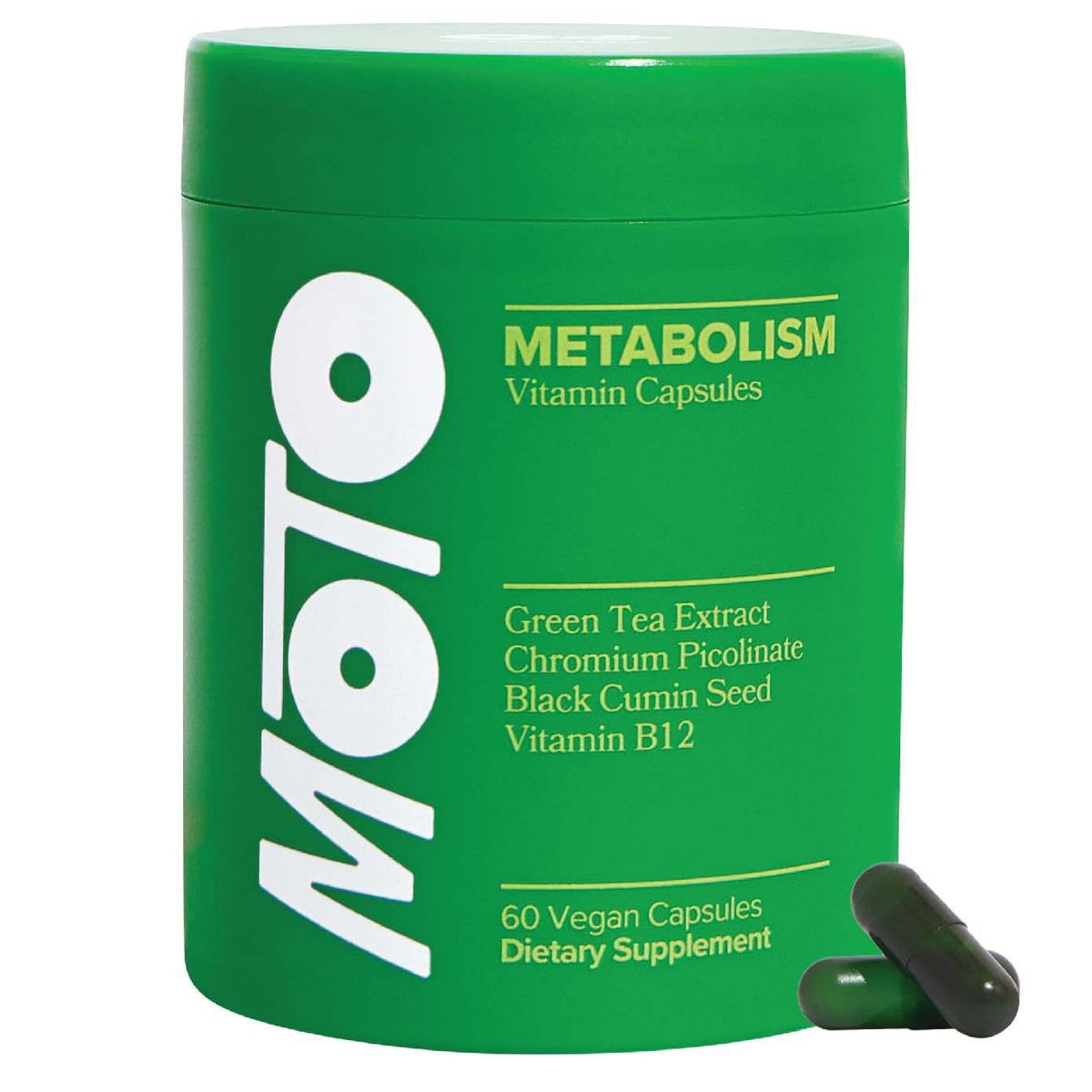 Metabolic Enhancement Capsules in a bright green plastic tub with white lettering and two dark green capsules beside it.