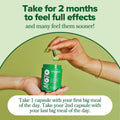 Metabolic Enhancement Capsules shown as a green supplement jar and capsule held between hands, with dosage directions