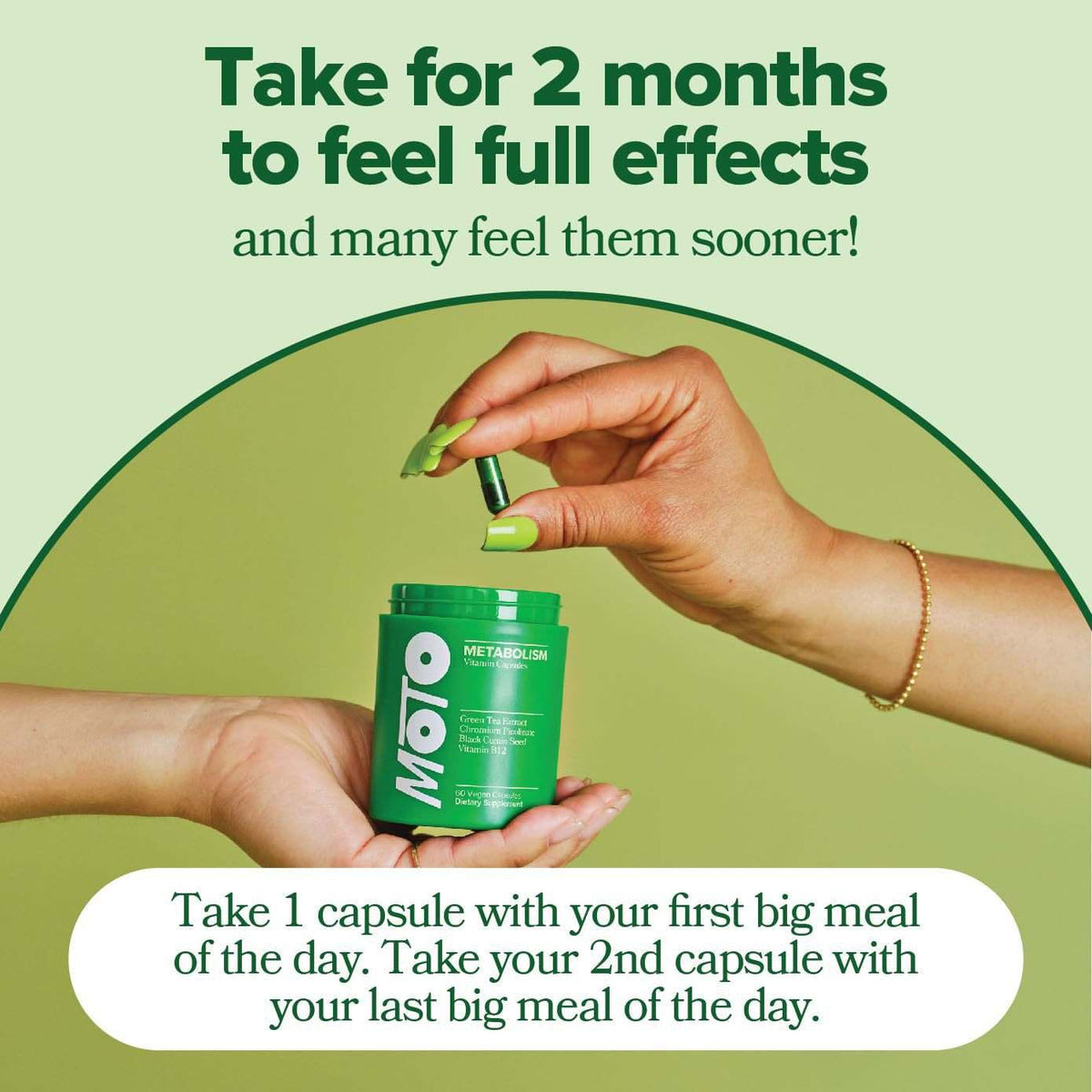Metabolic Enhancement Capsules shown as a green supplement jar and capsule held between hands, with dosage directions