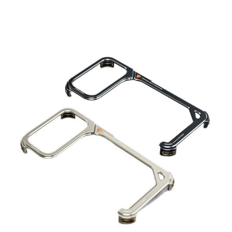 Metal Protective Phone Case in black and silver metal with open-frame 9-shaped bracket design and raised corners