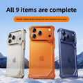 Metal Protective Phone Case in silver, orange and blue alloy, with angular metal frames and raised triple-camera guards
