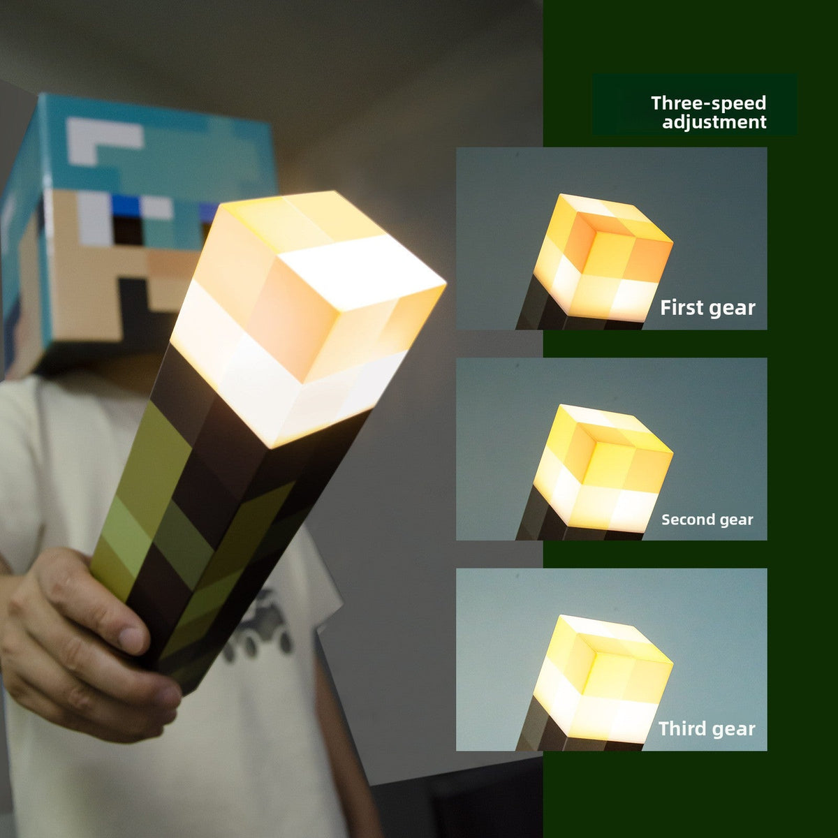 Minecraft Ore lamps show a blocky torch lamp with a glowing yellow-white cube head and dark green handle.