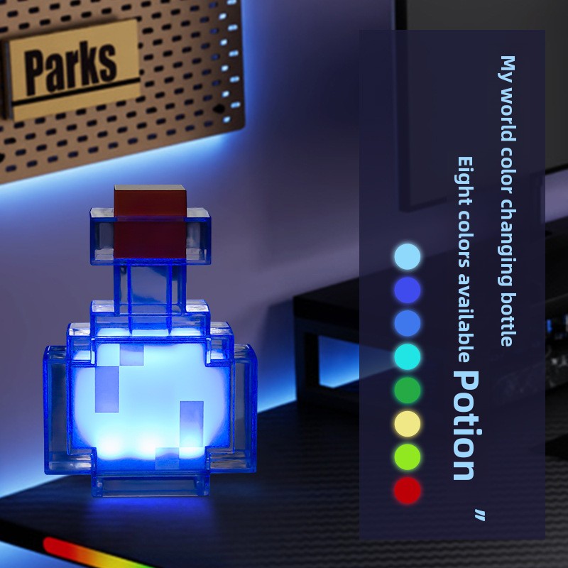Minecraft Ore lamps potion bottle light in transparent blue plastic, glowing white pixel design with red stopper and color options