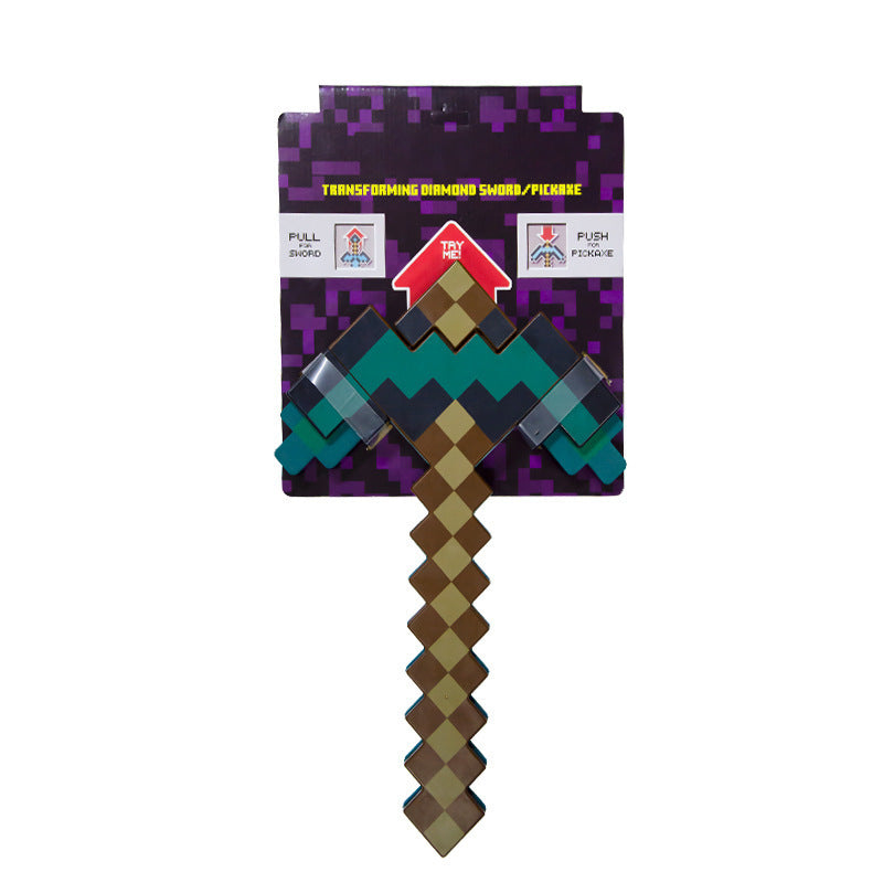 Minecraft Ore lamps keyword on a pixelated diamond sword toy, with teal blade details, a brown cross-shaped handle and purple packaging