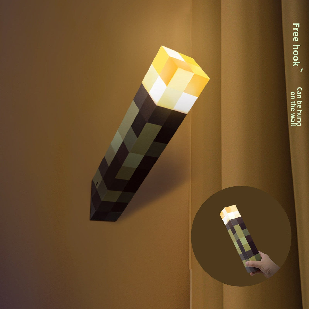 Minecraft Ore lamps wall-mounted torch lamp with a glowing yellow-orange pixelated tip and dark block-patterned handle